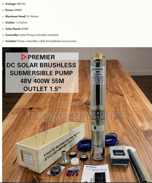 Premier 400W Solar Brushless Submersible Pump–55M Head 1.5 Inch Outlet