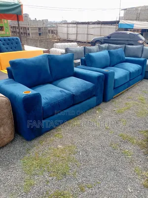 2-Seater Blue Sofa Set + Cup Holders