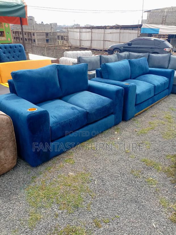 2-Seater Blue Sofa Set + Cup Holders