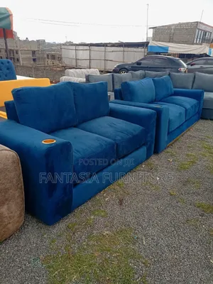 2-Seater Blue Sofa Set + Cup Holders
