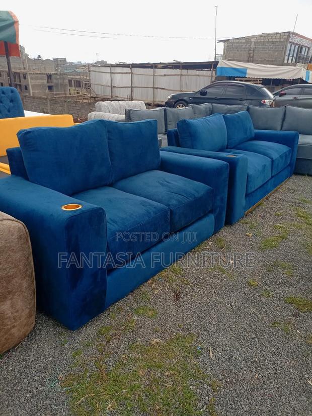 2-Seater Blue Sofa Set + Cup Holders - thumbnail 2