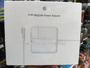 An Apple 45W MagSafe Power Adapter L-Shaped - White.
