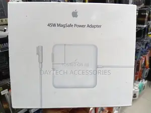 An Apple 45W MagSafe Power Adapter L-Shaped - White.