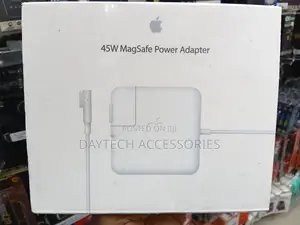 An Apple 45W MagSafe Power Adapter L-Shaped - White.