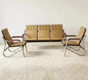 5 Seater Office Reception Sofa : Brown Leather Padded Office Waiting S