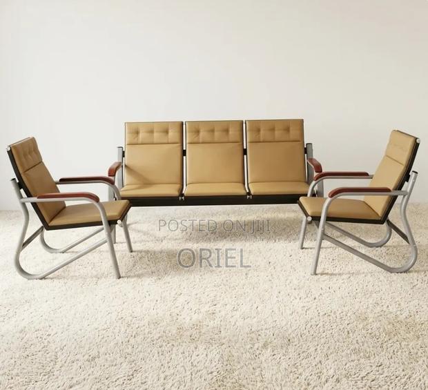 5 Seater Office Reception Sofa : Brown Leather Padded Office Waiting S
