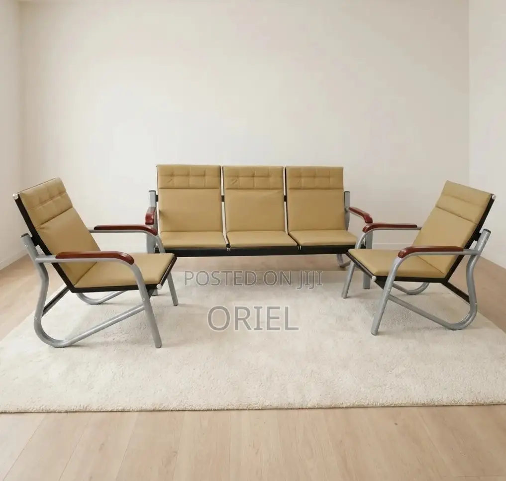 5 Seater Office Reception Sofa : Brown Leather Padded Office Waiting S
