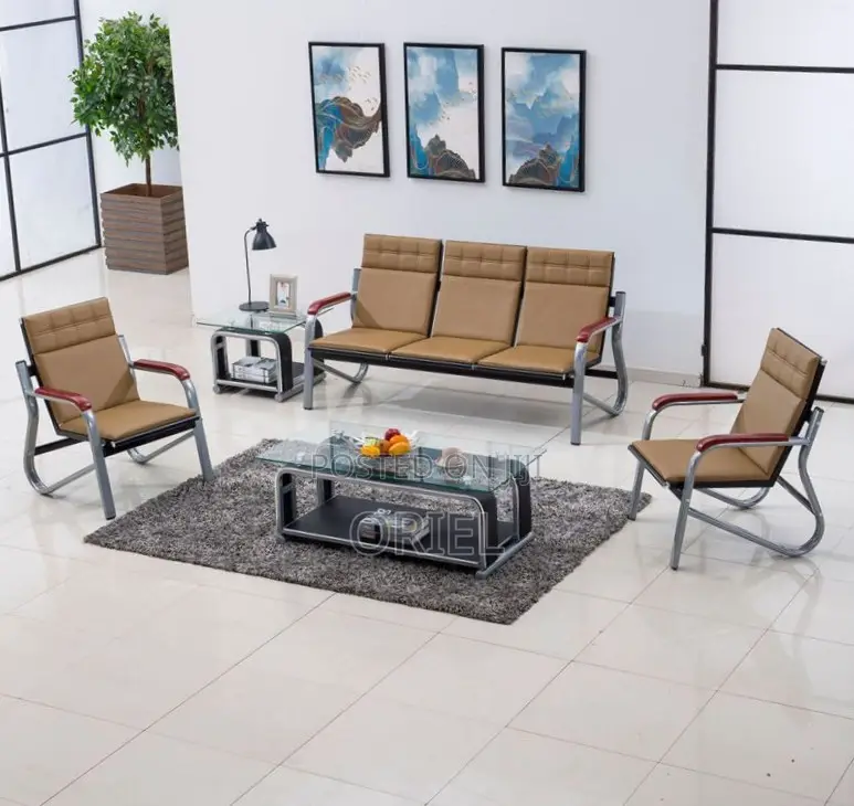 5 Seater Office Reception Sofa : Brown Leather Padded Office Waiting S
