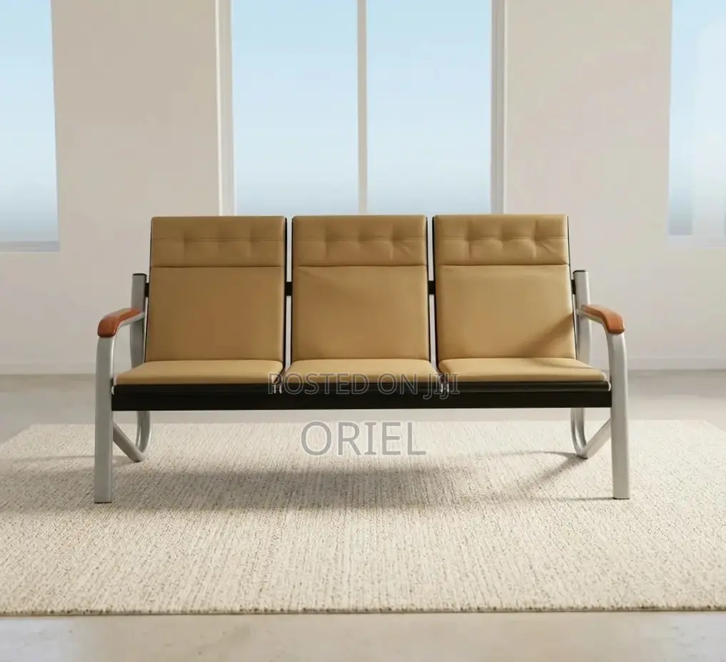 5 Seater Office Reception Sofa : Brown Leather Padded Office Waiting S