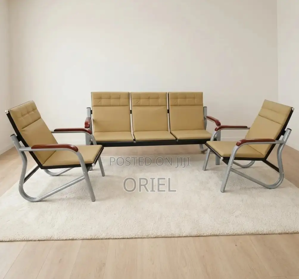 5 Seater Office Reception Sofa : Brown Leather Padded Office Waiting S