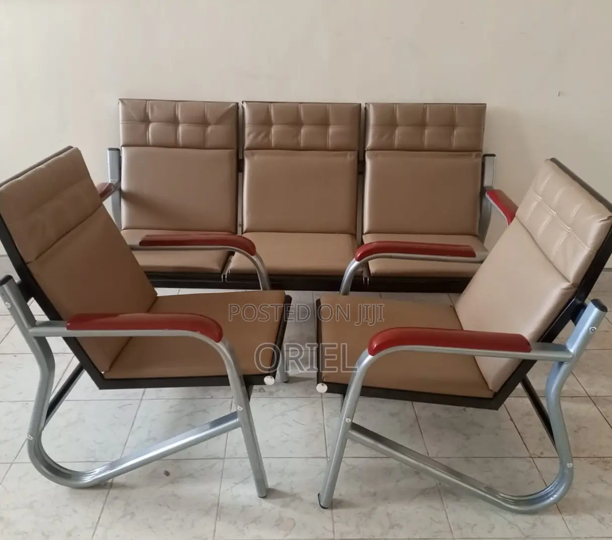 5 Seater Office Reception Sofa : Brown Leather Padded Office Waiting S