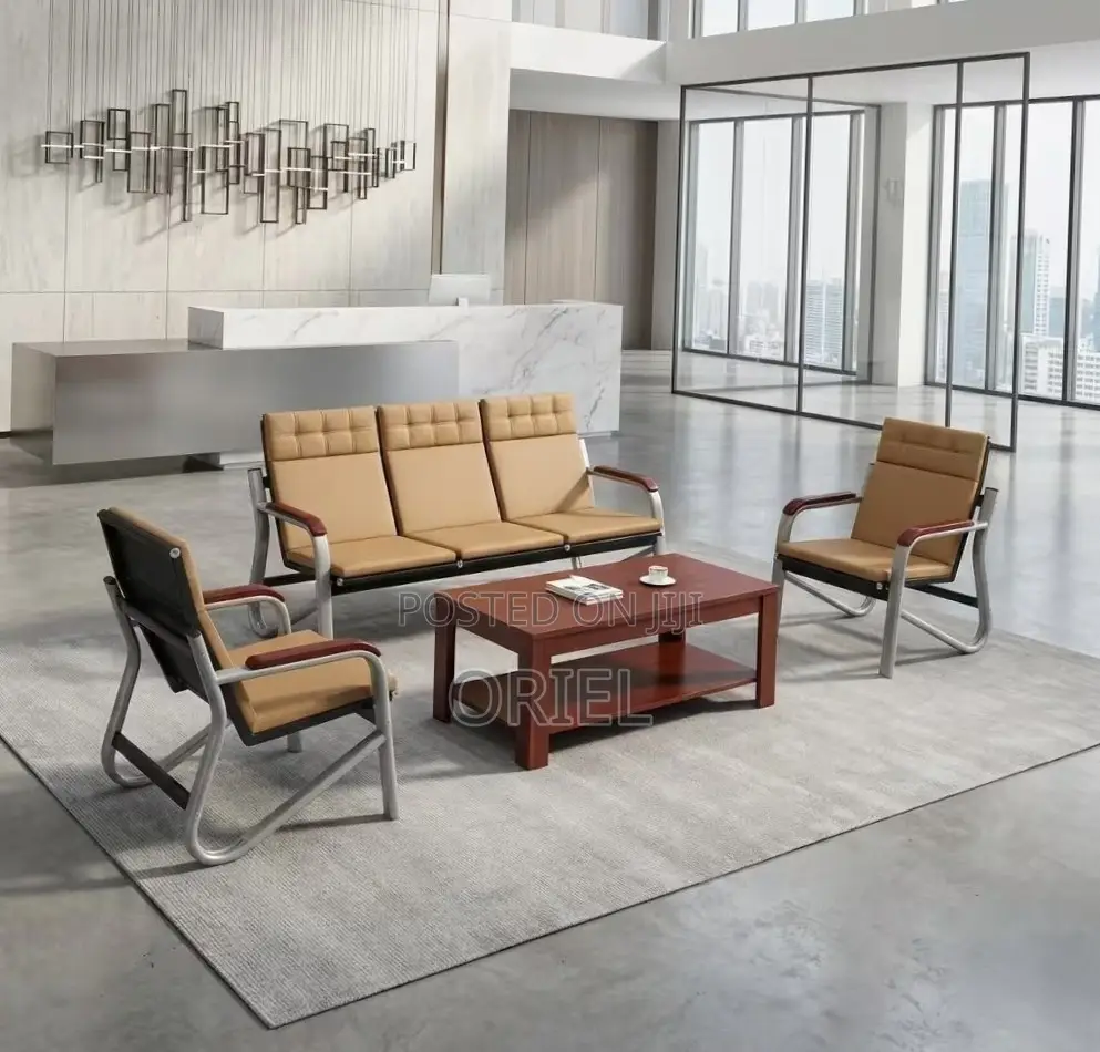5 Seater Office Reception Sofa : Brown Leather Padded Office Waiting S