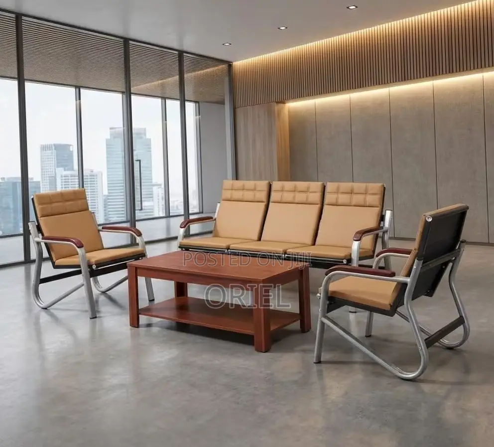 5 Seater Office Reception Sofa : Brown Leather Padded Office Waiting S