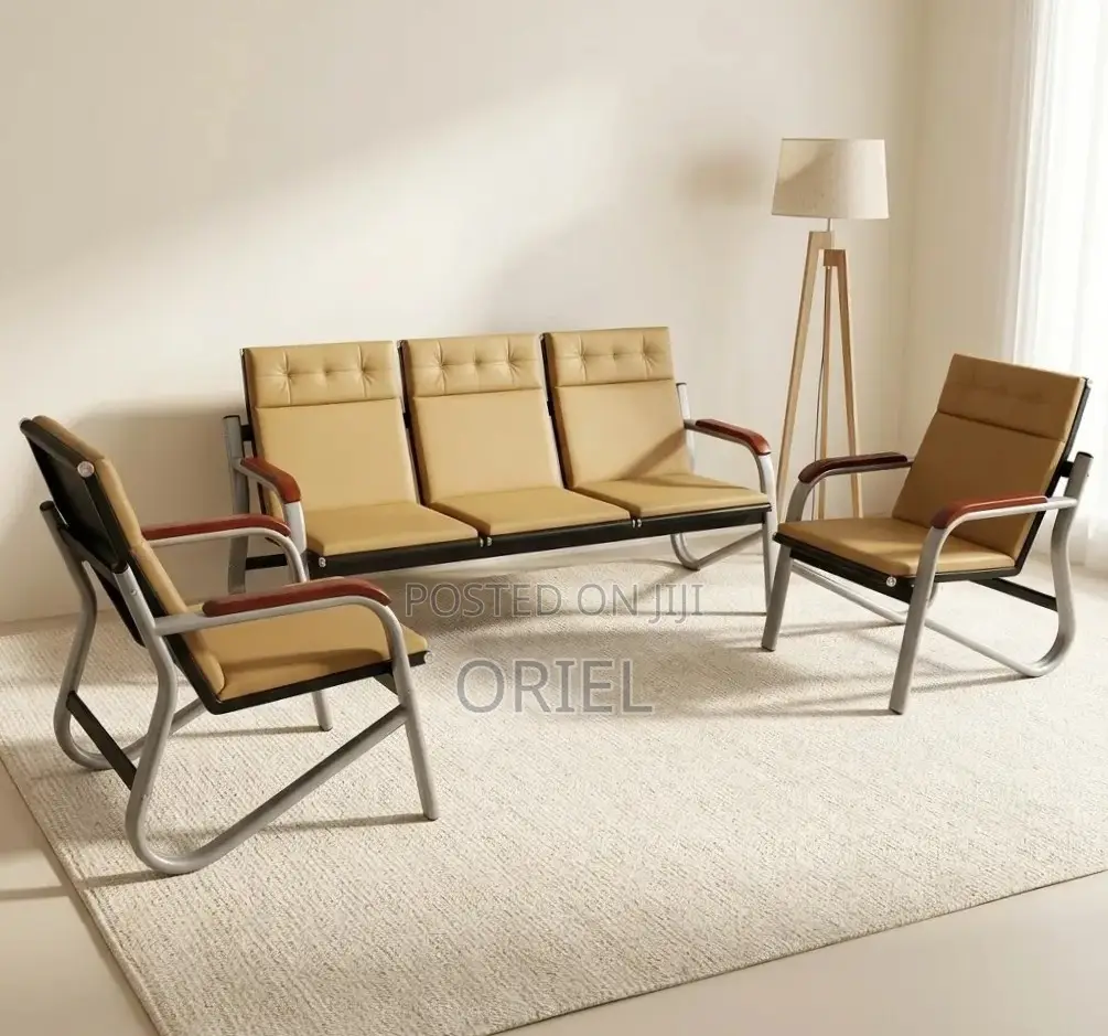 5 Seater Office Reception Sofa : Brown Leather Padded Office Waiting S