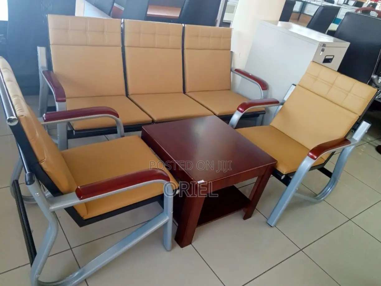 5 Seater Office Reception Sofa : Brown Leather Padded Office Waiting S