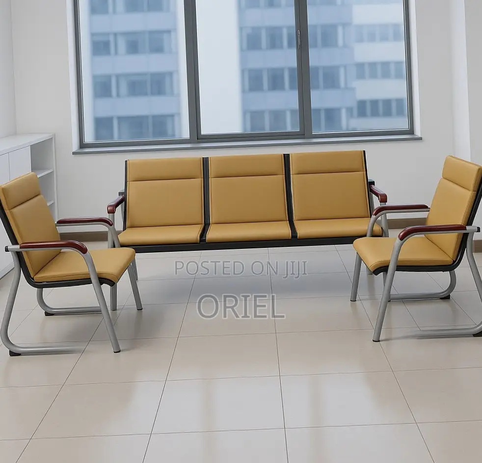 5 Seater Office Reception Sofa : Brown Leather Padded Office Waiting S