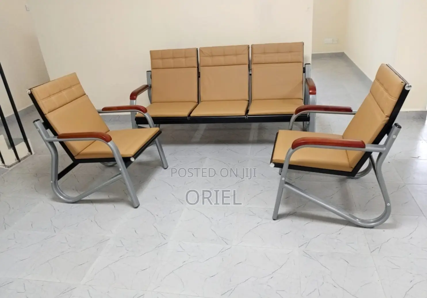 5 Seater Office Reception Sofa : Brown Leather Padded Office Waiting S