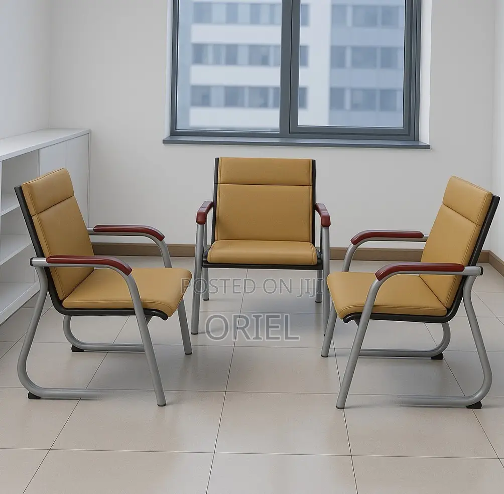 5 Seater Office Reception Sofa : Brown Leather Padded Office Waiting S