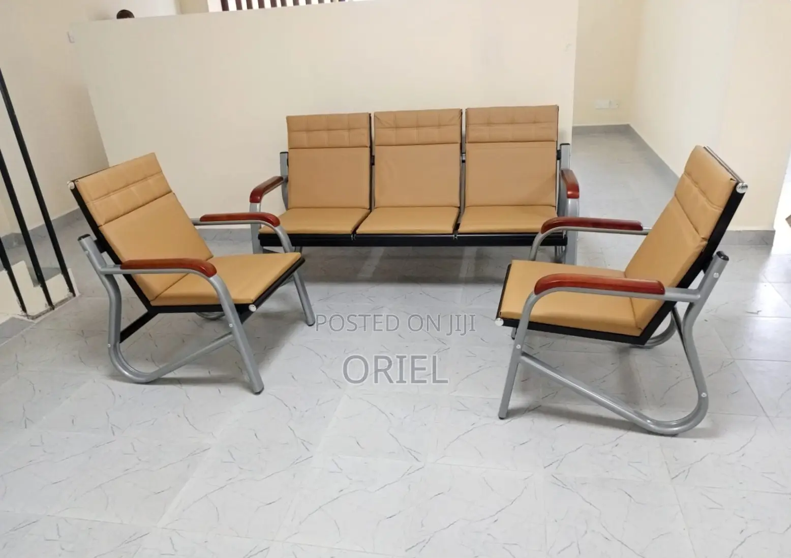 5 Seater Office Reception Sofa : Brown Leather Padded Office Waiting S