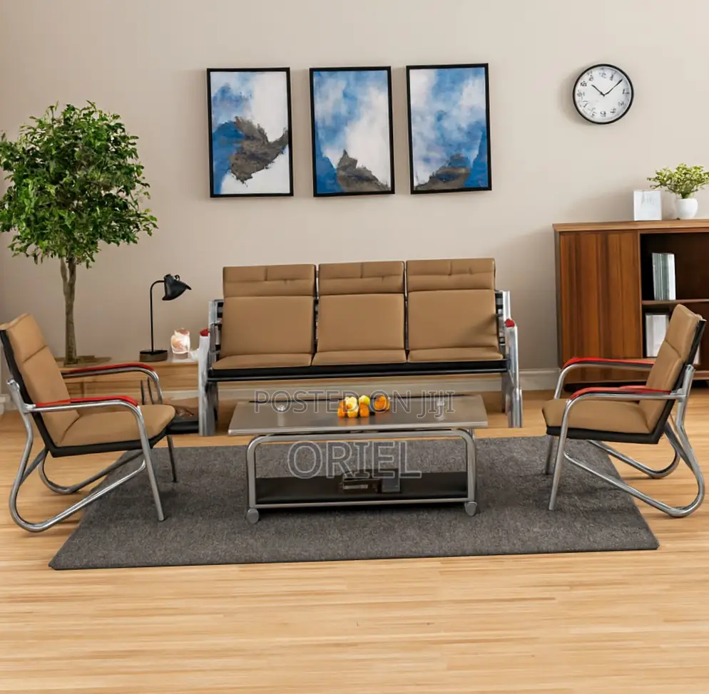 5 Seater Office Reception Sofa : Brown Leather Padded Office Waiting S