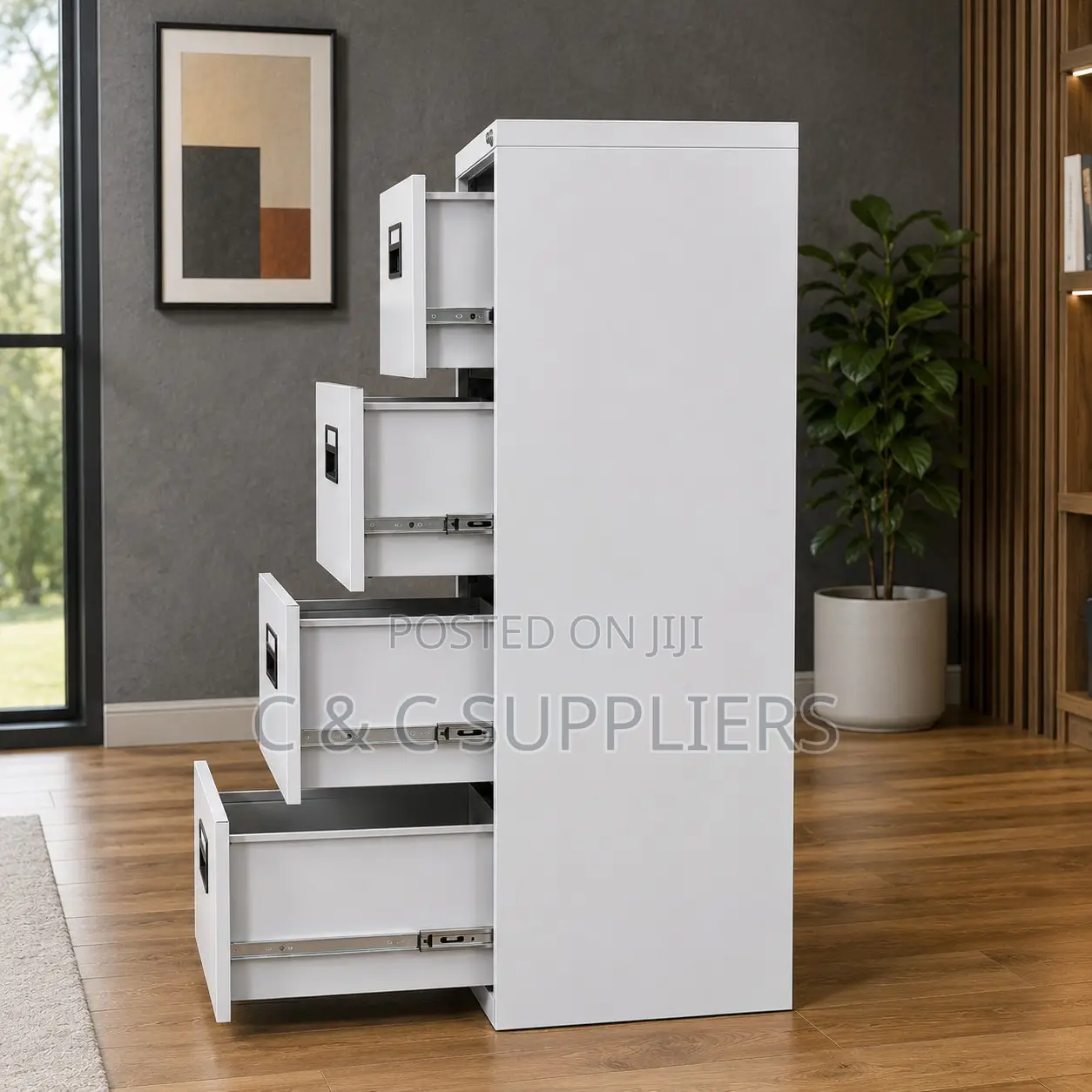 4-Drawer White File Cabinet.