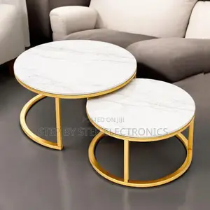 Round Shape Marble Nesting Coffee Table Set With Gold Metal Frame