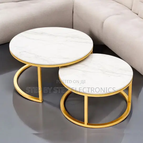 Round Shape Marble Nesting Coffee Table Set With Gold Metal Frame