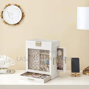 5 Layer Jewelry Box Organizer With 3 Side Drawers & Large Mirror