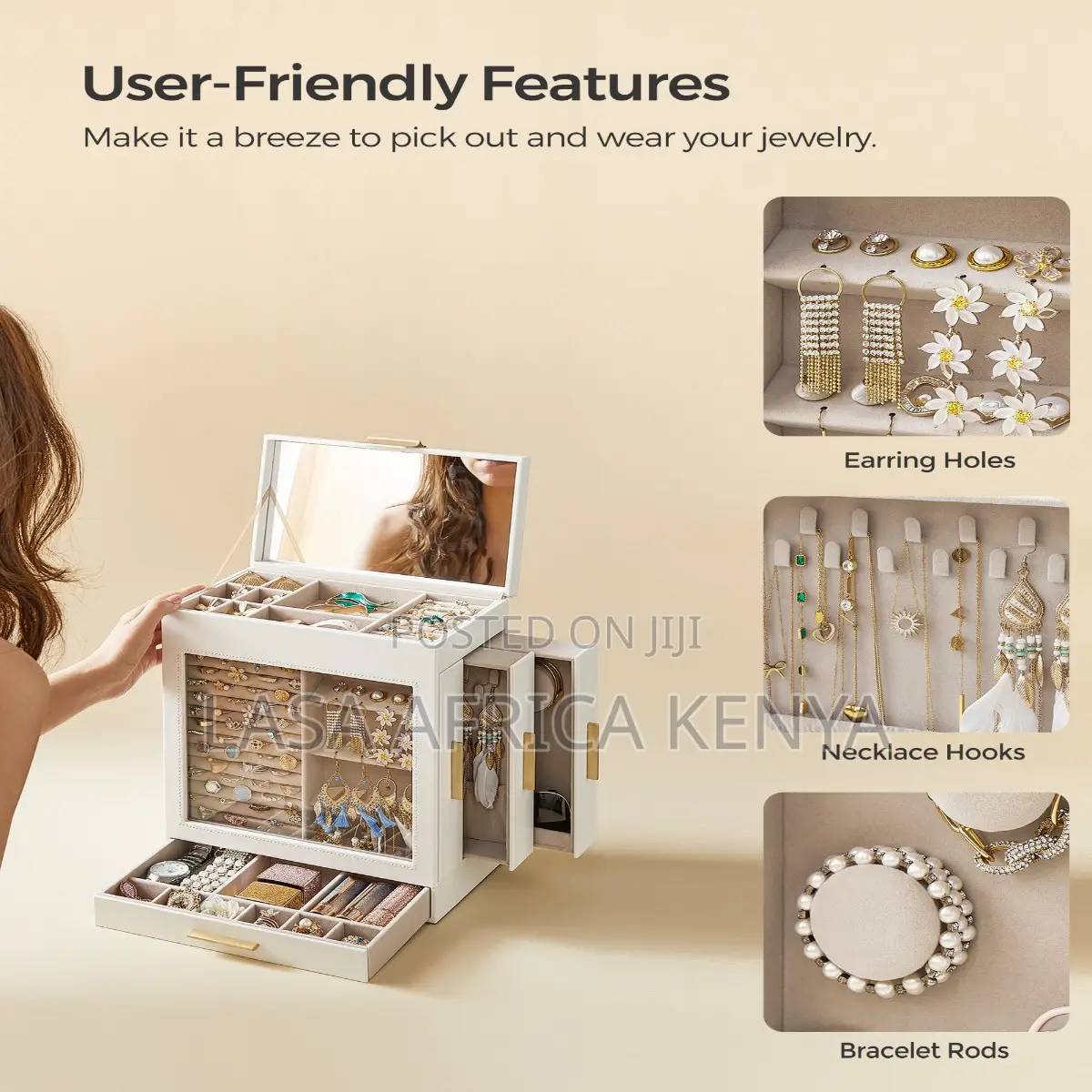 5 Layer Jewelry Box Organizer With 3 Side Drawers & Large Mirror