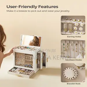 5 Layer Jewelry Box Organizer With 3 Side Drawers & Large Mirror