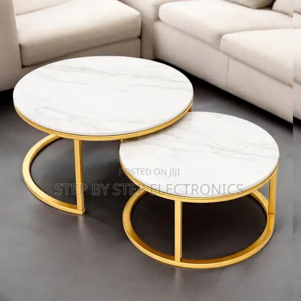 Luxury Finish Marble Nesting Coffee Table Set With Gold Metal Frame