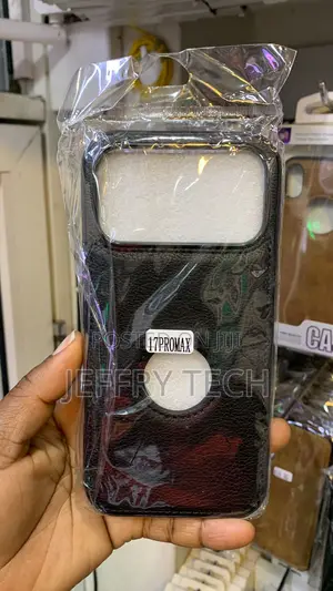 A Black Leather iPhone 17 Pro Max Case With a Circular Apple Logo