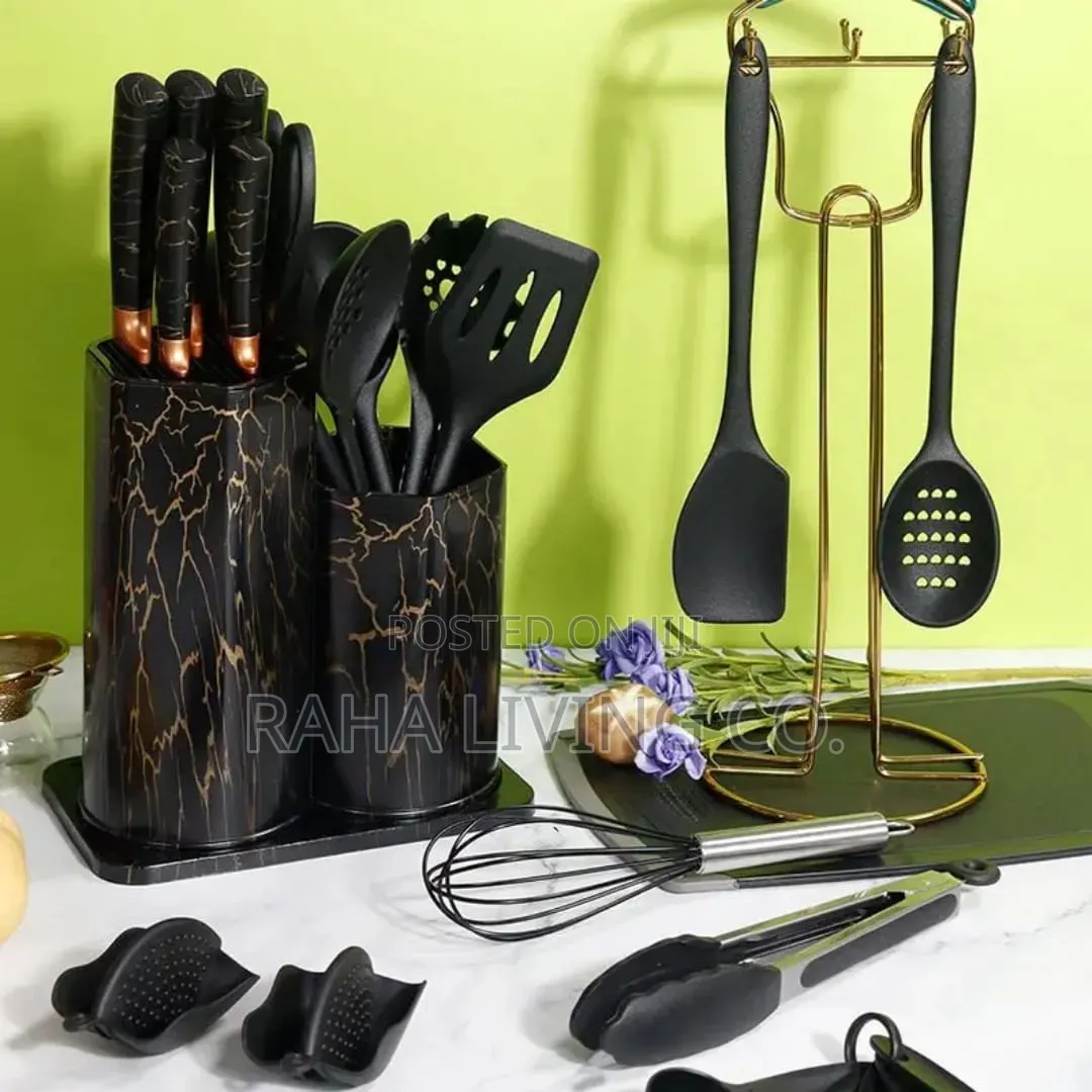 19pc Silicone Spoon Set | Black Marble Design | Heat-Resistant