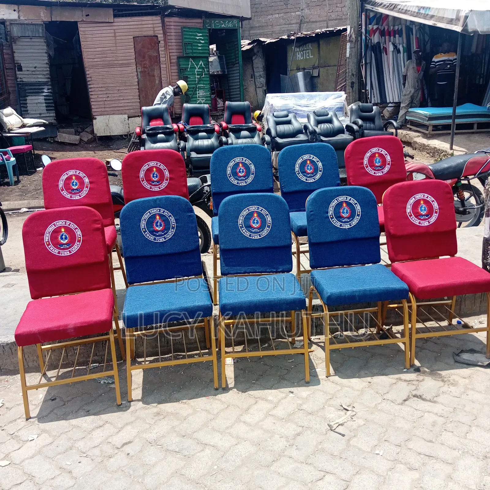 Red and Blue Chairs With PCEAlog and Powder Coating Finish