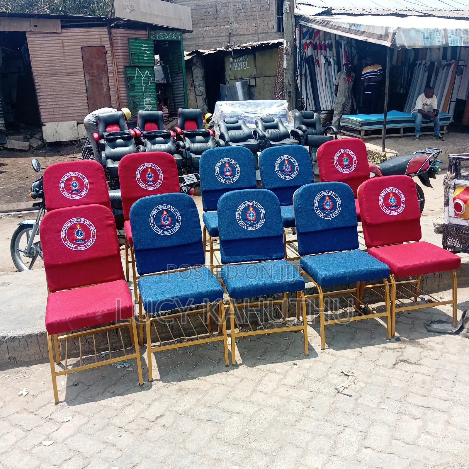 Red and Blue Chairs With PCEAlog and Powder Coating Finish