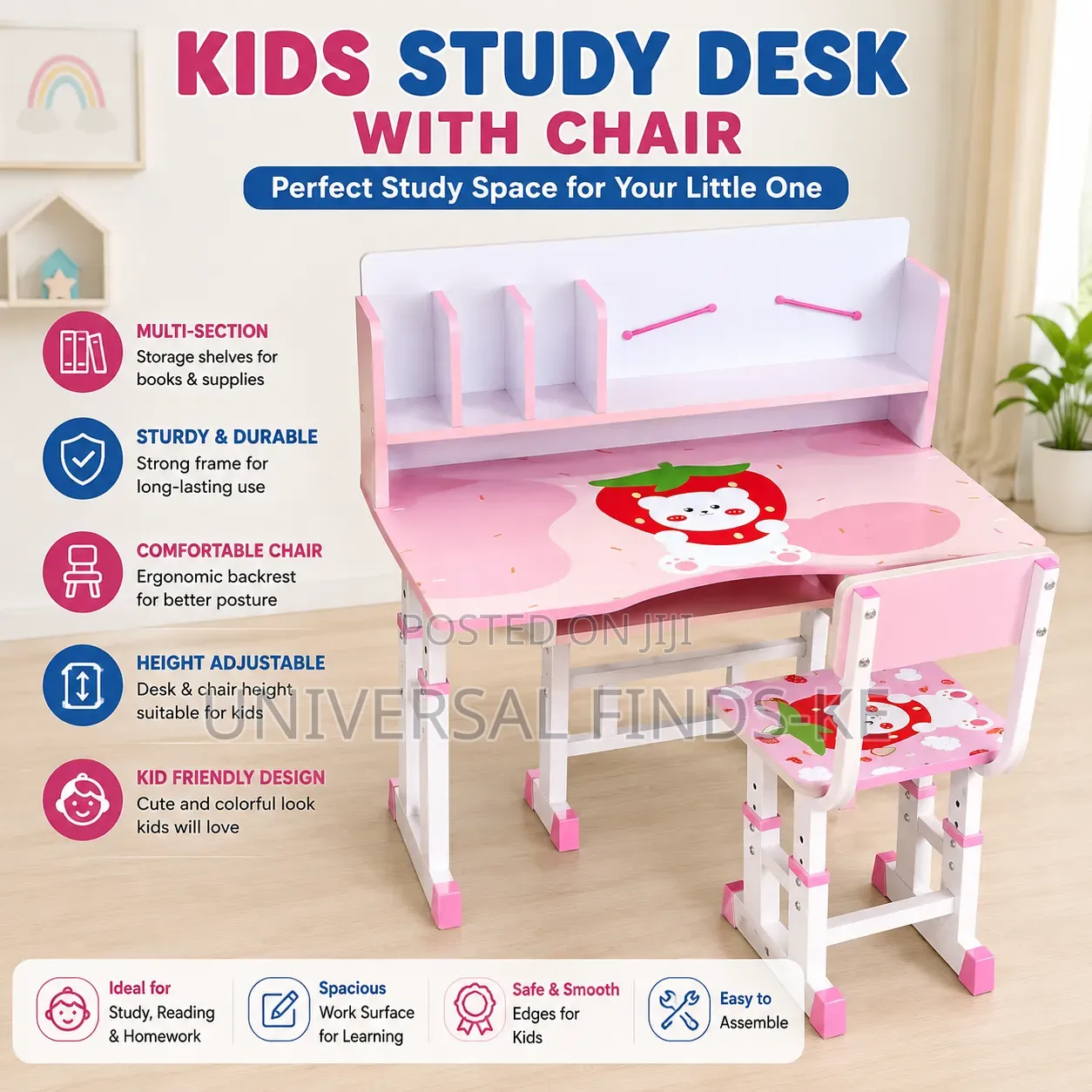 Kids Study Table and Chair Set – Adjustable Children’s Learning Desk
