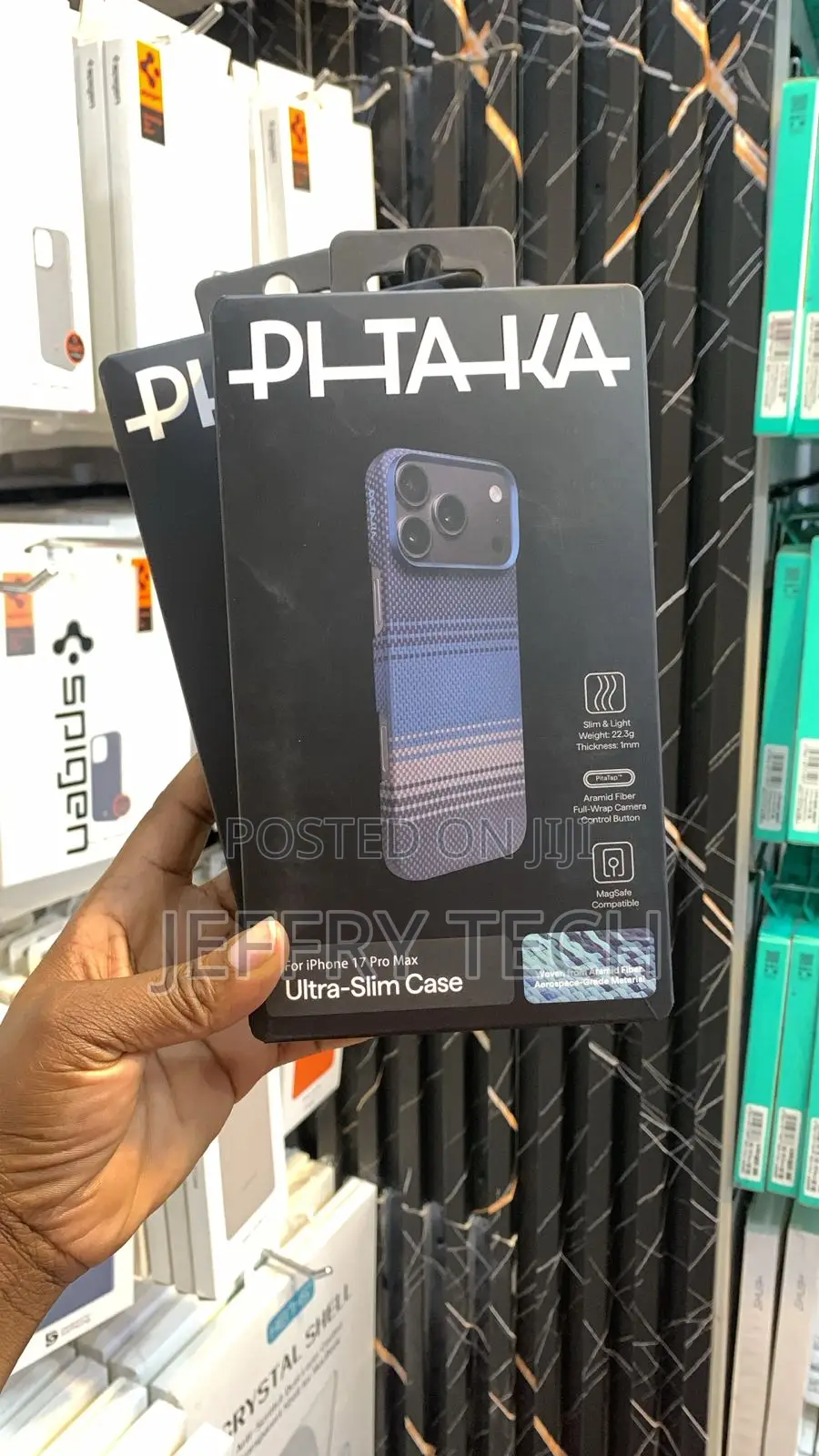 PITAKA Slim Case for the iPhone 17 Pro Max in a Blue Woven Pattern