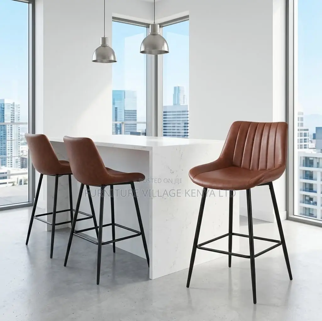 Counter Stool; Brown Non Swivel Upholstered Leather High Counter Stool