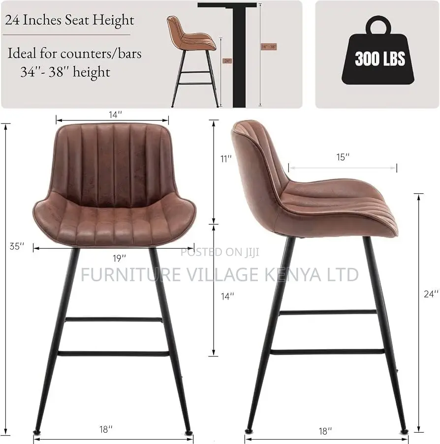 Counter Stool; Brown Non Swivel Upholstered Leather High Counter Stool