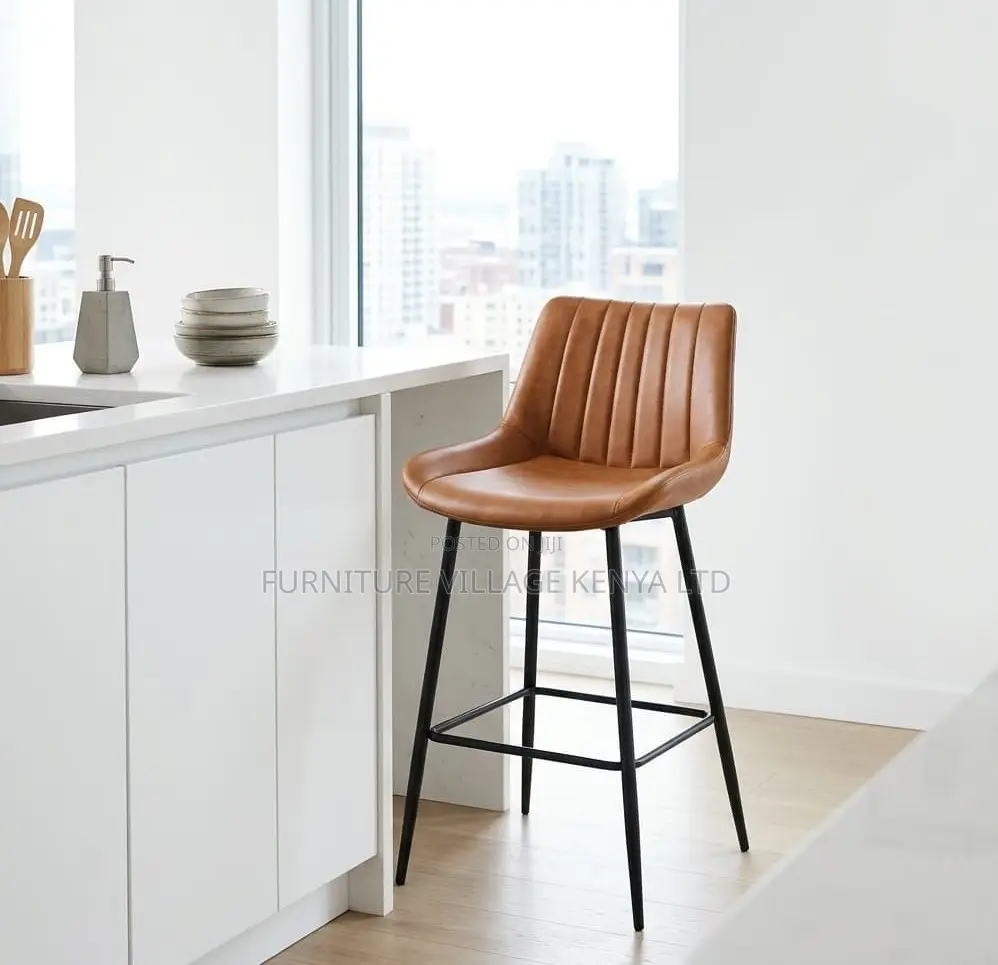 Counter Stool; Brown Non Swivel Upholstered Leather High Counter Stool