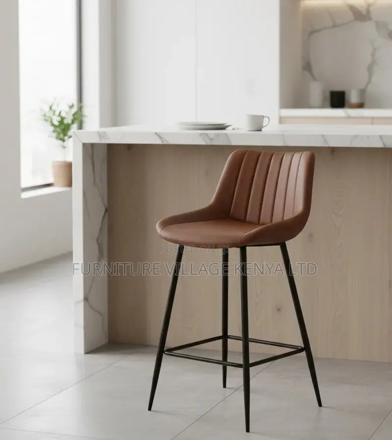 Counter Stool; Brown Non Swivel Upholstered Leather High Counter Stool