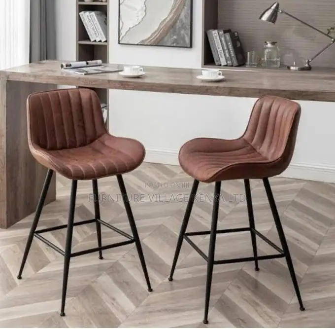 Counter Stool; Brown Non Swivel Upholstered Leather High Counter Stool