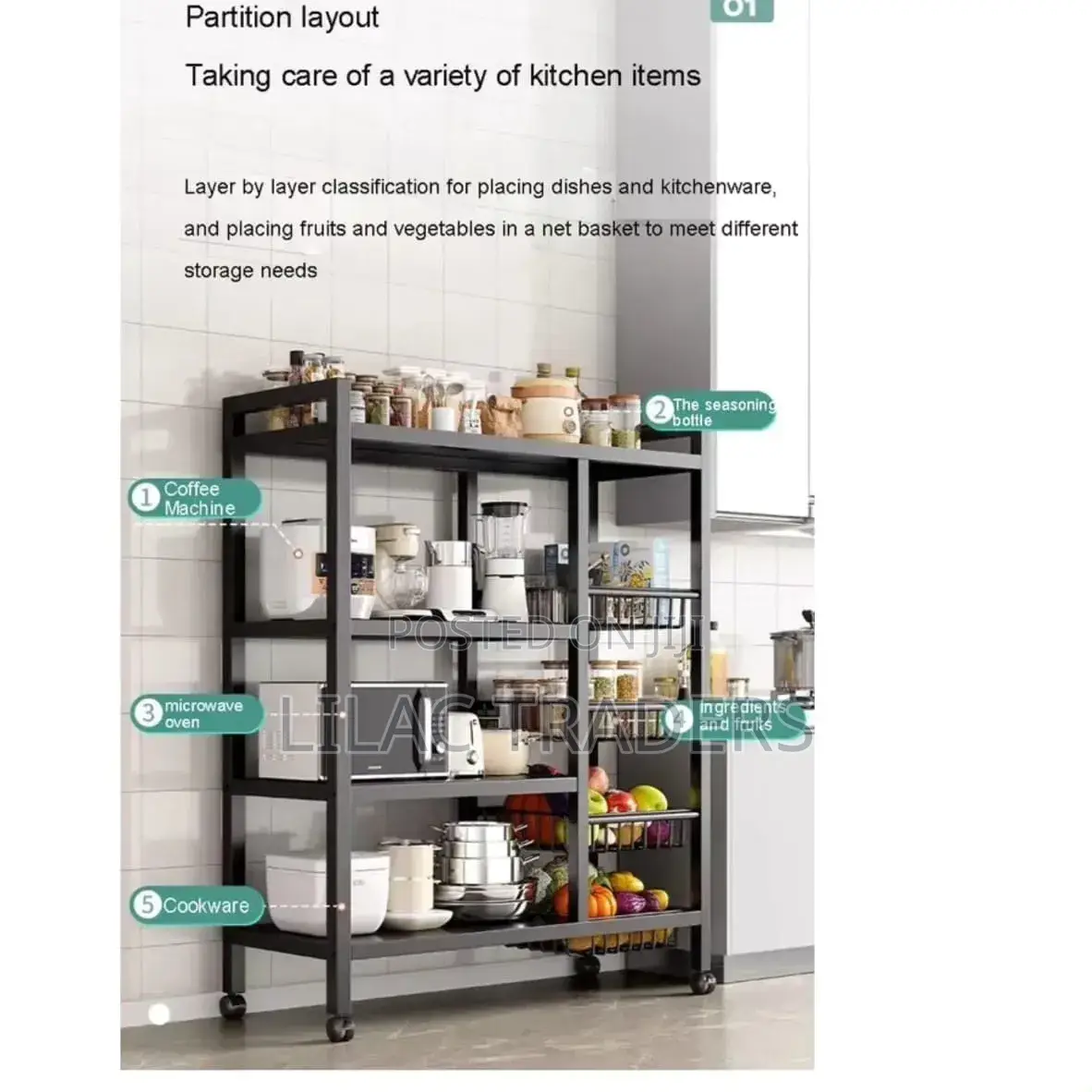 Metallic Kitchen Rack With Lockable Wheels Lyn