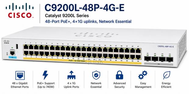 Cisco C9200l-48p-4g-E — 48-Port PoE+, 4×1G Uplinks, Network Essential