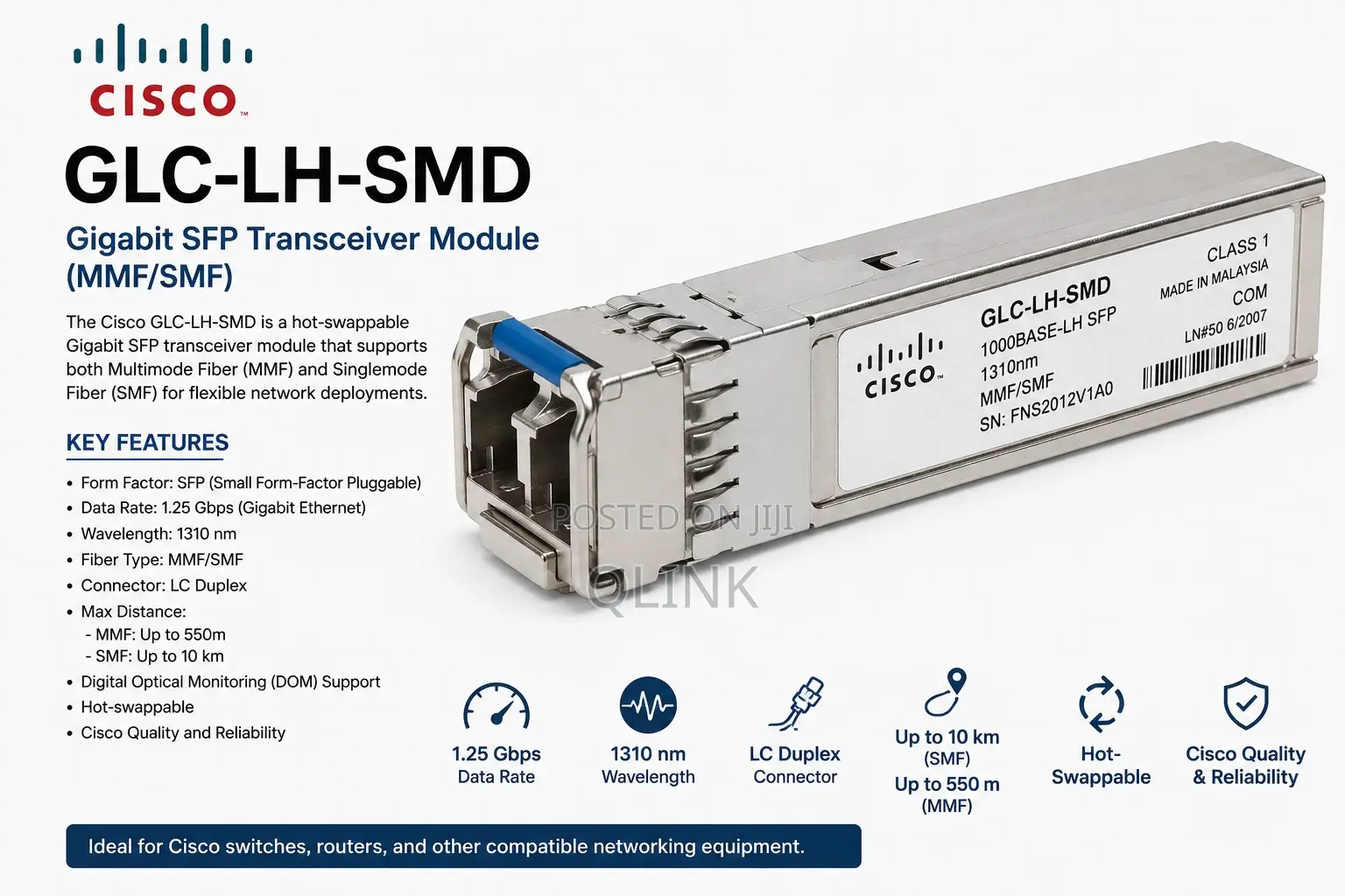 Cisco GLC-LH-SMD Gigabit SFP Transceiver Module (MMF/SMF)