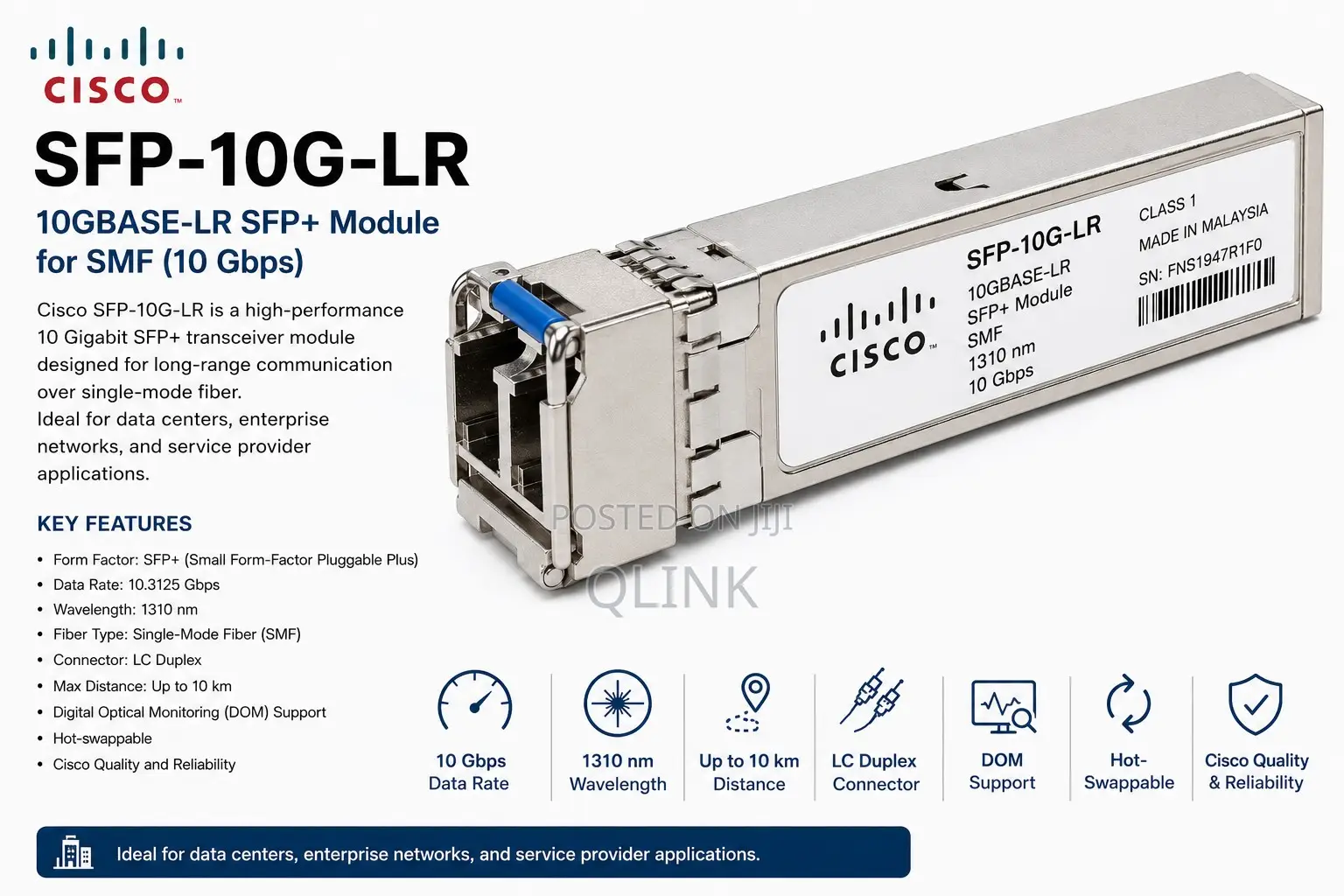 Cisco SFP-10G-LR, 10gbase-Lr SFP+ Module for SMF (10 Gbps)