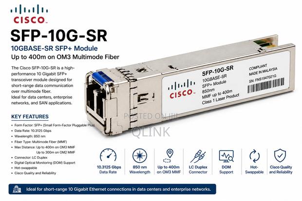 Cisco SFP-10G-SR, 10gbase-Sr SFP Module, Up to 400m on OM3