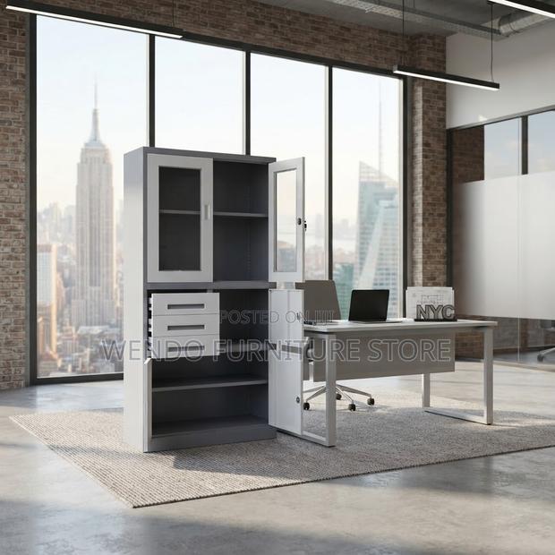 Office Cabinet; Executive Storage Modern Cabinet With Two Upper Doors - thumbnail 6