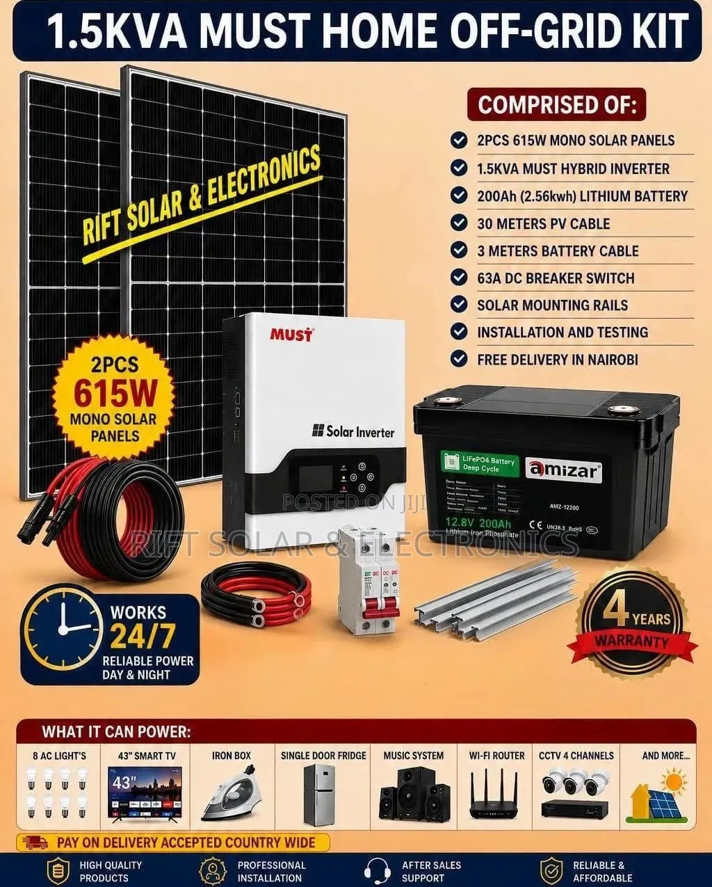 1.5kva - 200Ah Lithium Battery -(2)615w Solar Kit - Free Installation