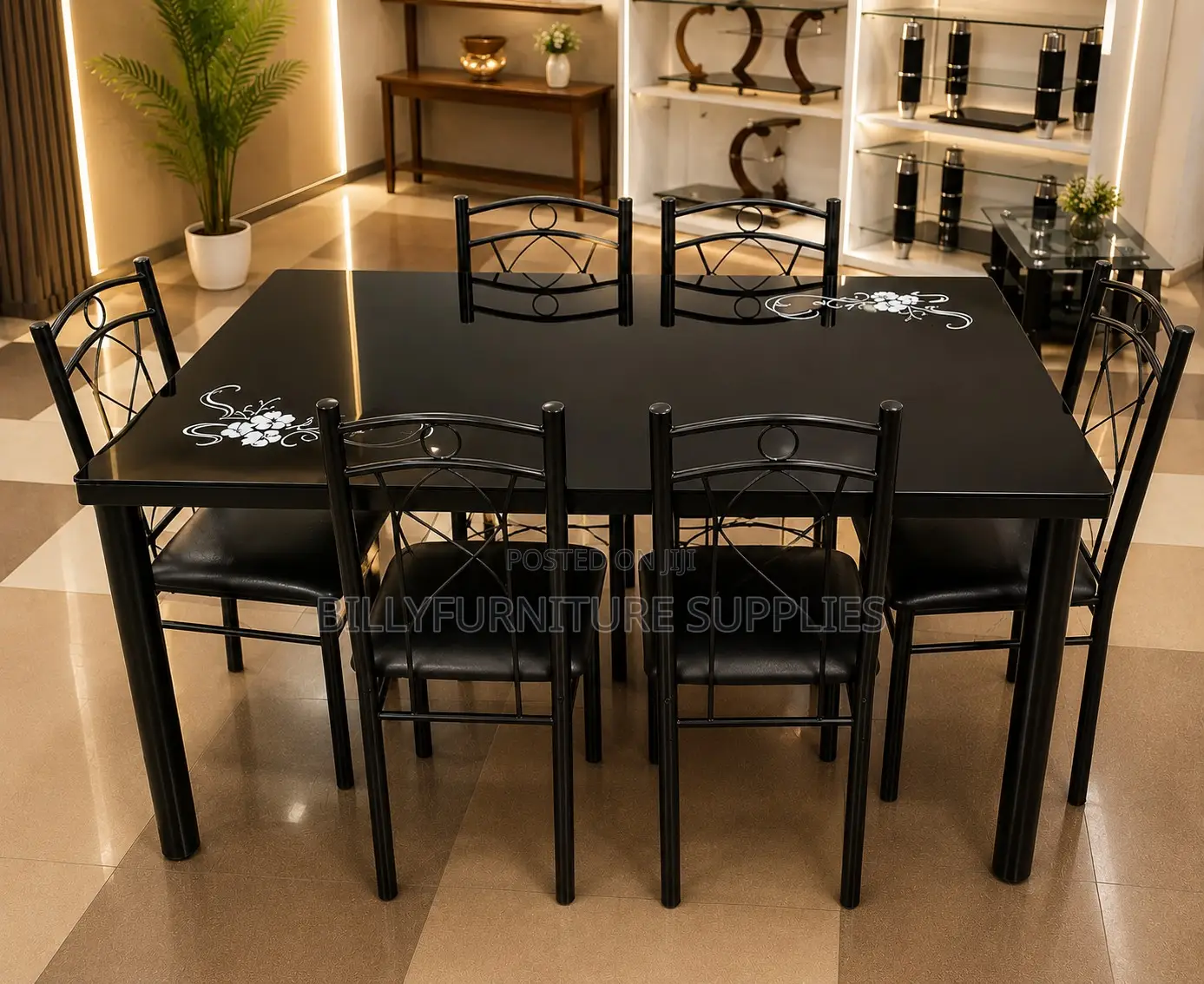 Black Dining Table Set With Glass-Style Top
